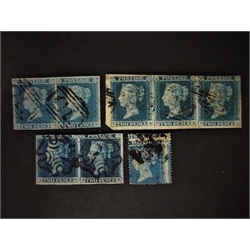  Queen Victoria 2d blue imperforate stamp block of three, two blocks of two and a 2d blue perf miss cut/aligned stamp  