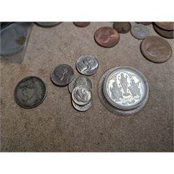 Collection of Great British and World coins, including 0.997 silver Laxmi Ganesh Krishiiamahavir Ambajishrinathji coin, American coins, commemorative coins, etc together with a silver fob medal, two Siam silver tie clips and a silver pen knife inscribed 1917