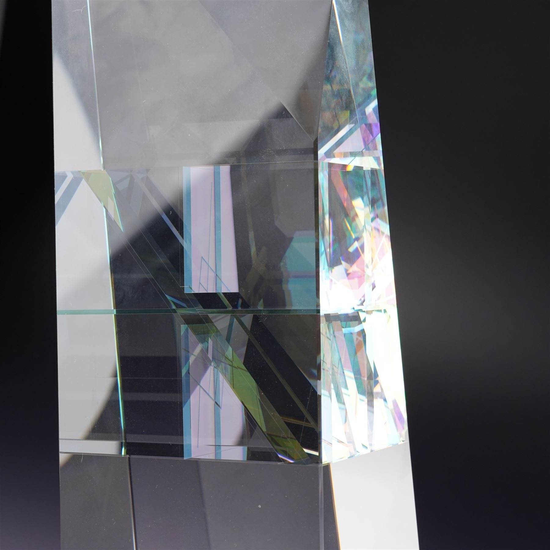 Toland Sand (American Contemporary): The Wedge - sculptural form made from cut, ground, polished and laminated optical glass with dichroic glass inclusions, signed and numbered 1225, 6-99. H39cm