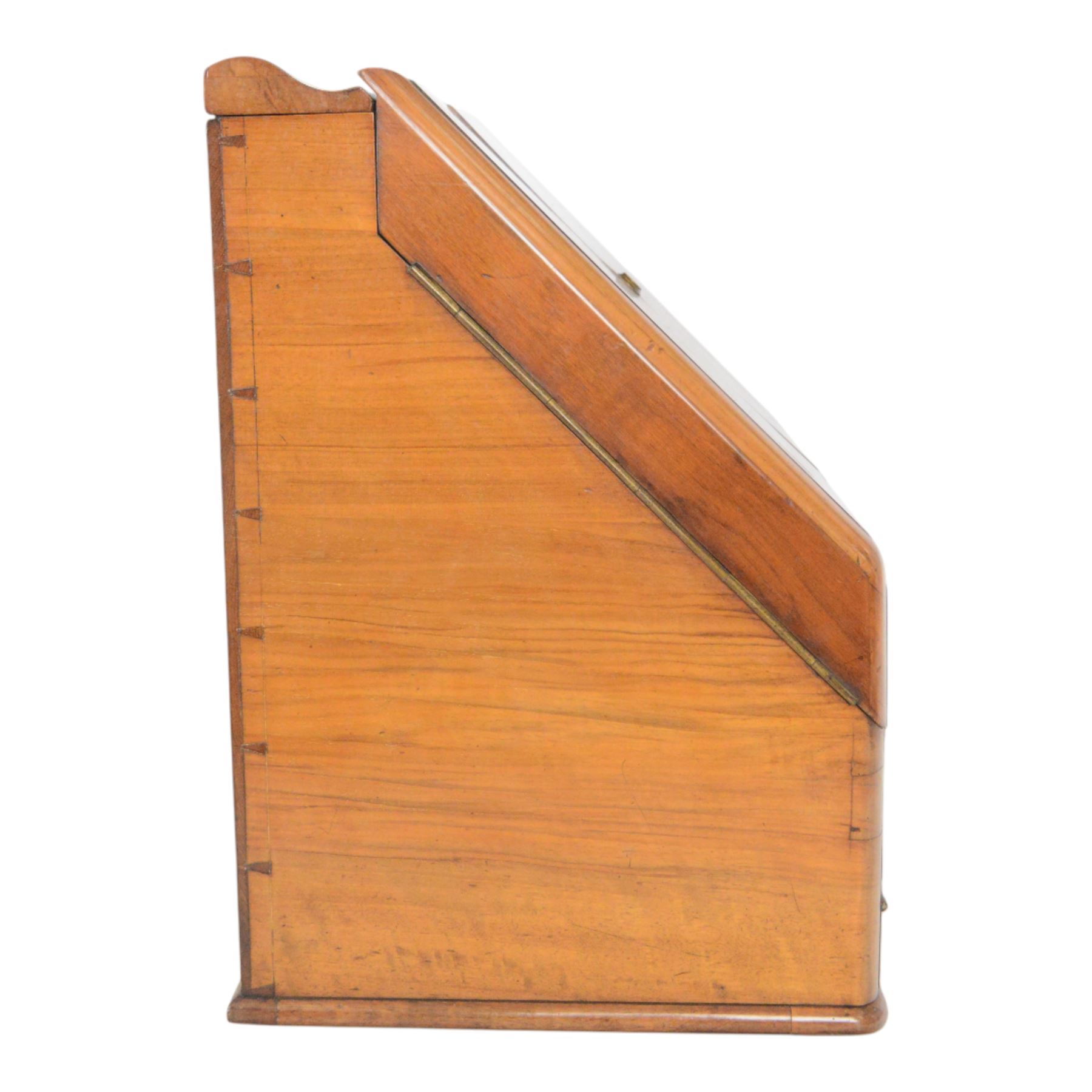 19th century burr walnut correspondence box, the sloped front opening to reveal a fitted interior with perpetual calendar, letter racks, and pen tray between two inkwell recesses, above a pull out draw with recessed brass handle, H41cm L40.5cm D28.5cm