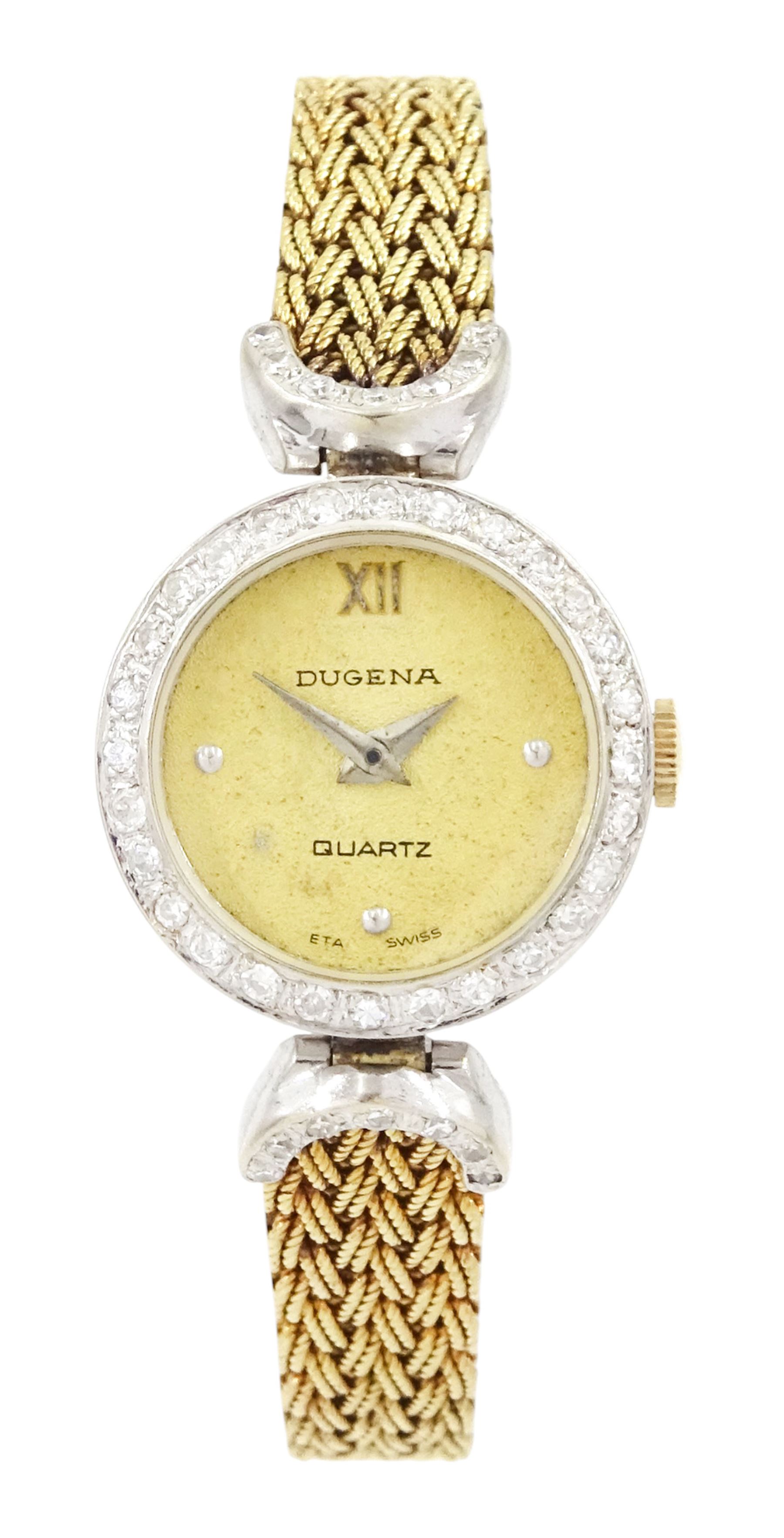 Dugena ladies 14ct gold quartz wristwatch, white gold case, diamond set bezel and lugs, to a yellow gold weave design bracelet and white gold clasp, stamped 585