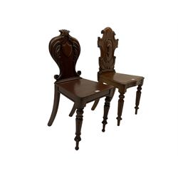 Victorian mahogany hall chair with shaped leaf carved back and a Victorian oak hall chair with shaped cartouche carved back