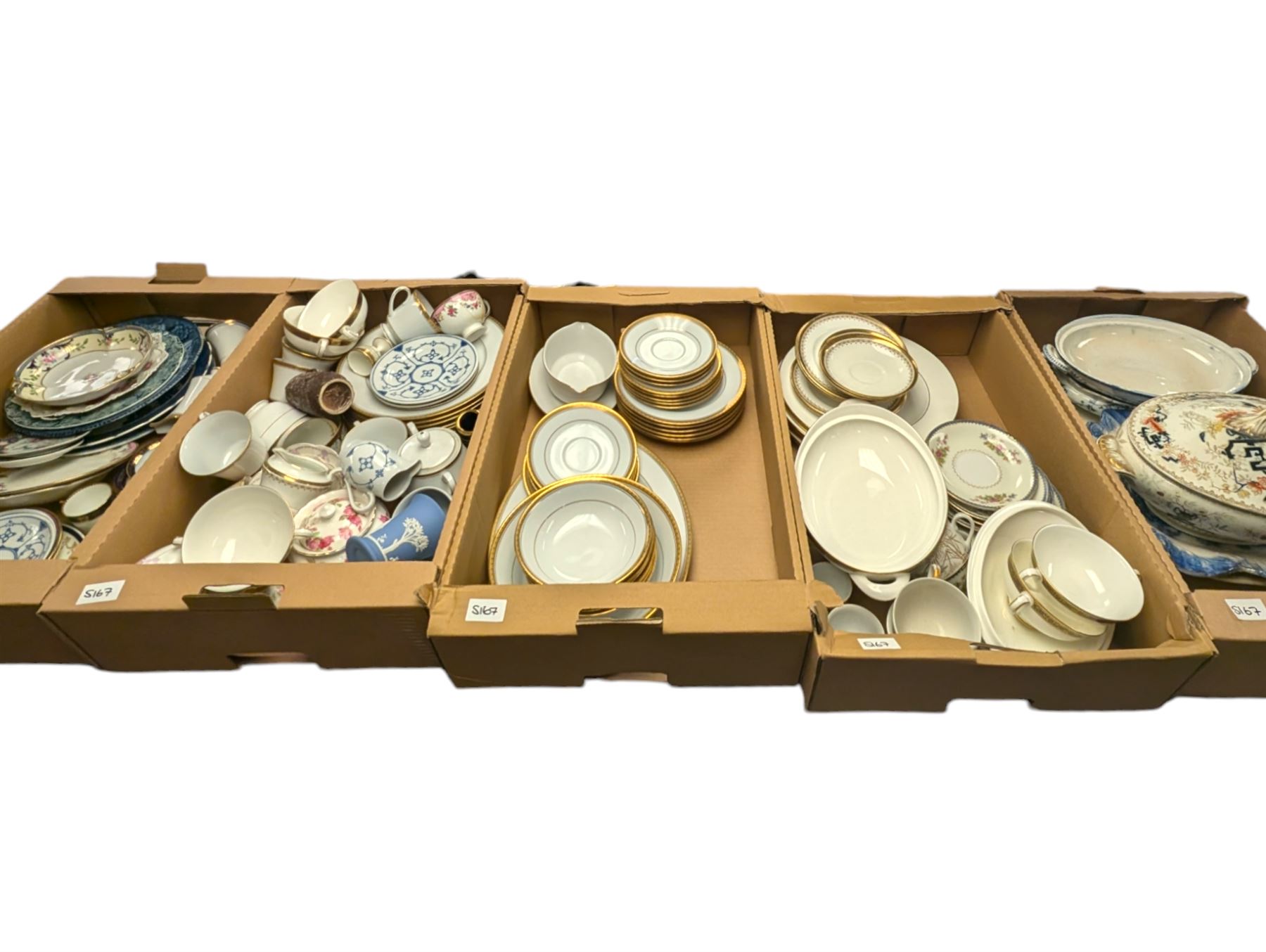 Noritake Windsor pattern dinner wares, Wedgwood Jasperware vase, Royal Doulton Harlow pattern soup bowls and tureens and other ceramics, in six boxes 