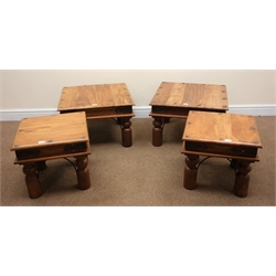  Pair medium rustic hardwood square lamp tables, metal strap detailing, turned supports (W60cm, H40cm, D60cm) and two small lamp tables (W45cm, H40cm, D45cm) (4)  