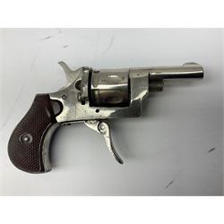 Early 20th century Flobert 5mm blank firing revolver with six-shot chamber, top venting, nickel plated with folding trigger No.118 L12.5cm overall; replica non-firing 'British Bulldog' revolver; and Windproof gas lighter inscribed 'Revolver-99 Spring and Autumn' in holster marked 'Star-Line'