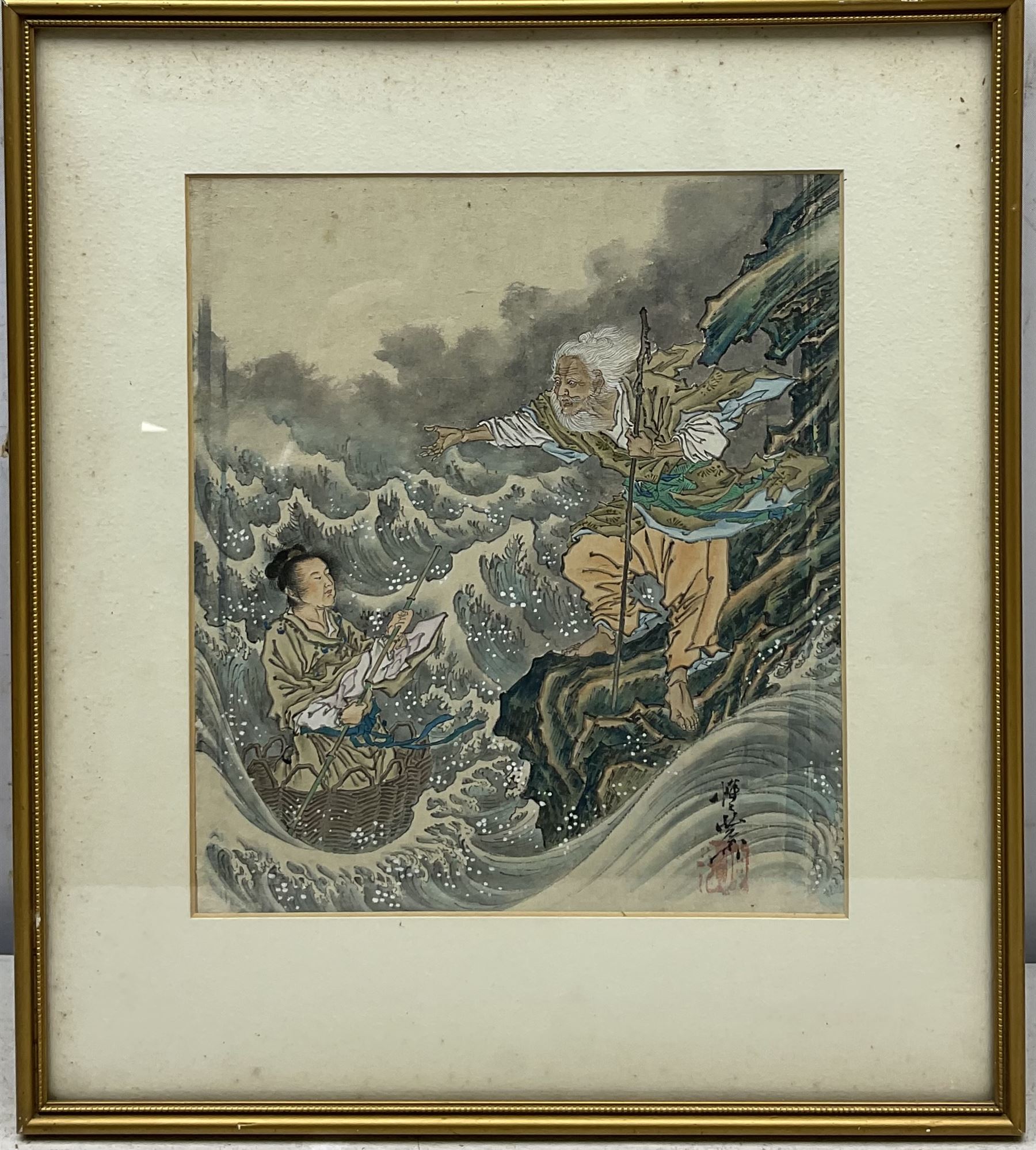 Japanese School (20th Century): Bust Beside a Window, watercolour bearing inscription, together with two woodblock prints, one with 'Blessing' script and the other depicting a mythical scene, max 33cm x 33cm (2)