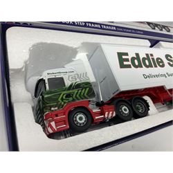 Corgi Eddie Stobart - two special edition Hauliers of Renown; CC13754 Scania R Facelift Box Step Frame Trailer and CC13756 Scania R (Rear Tag) Moving Floor Trailer; and limited edition Hauliers of Renown CC13747 Scania R (Face Lift) Super Curtainside Trailer; all boxed (3)
