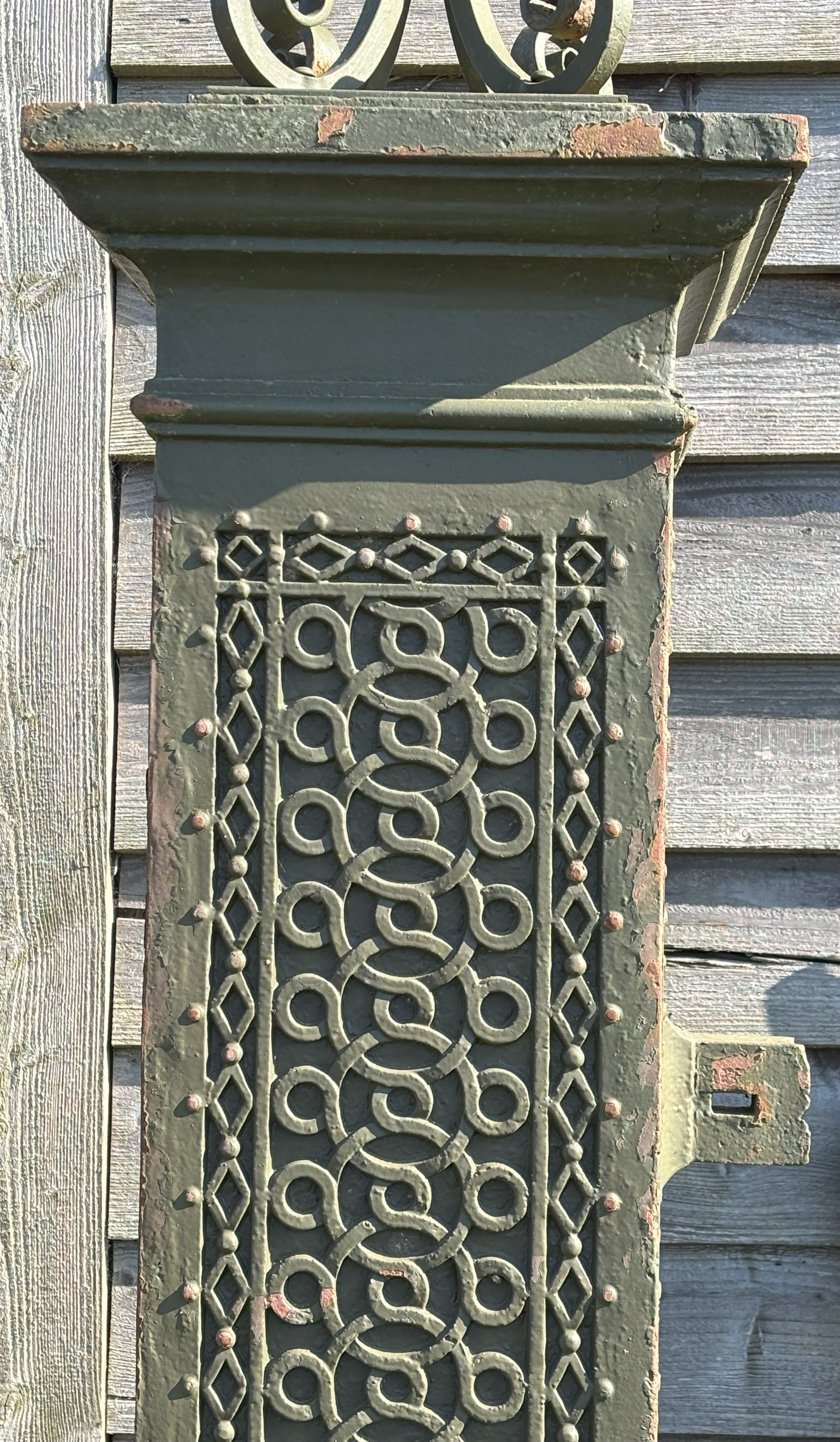 Impressive pair of 19th century cast iron gate piers by Coalbrookdale, each with a later lantern surmount on scrolled mount, above columns with blind fret strapwork decoration, on square section bases. Overall H350cm, Height excluding lanterns 220cm.  - COLLECTION BY APPOINTMENT FROM: The White House, Thirsk Road, Easingwold, York, YO61 3NF - CALL 01723 507111 TO ARRANGE