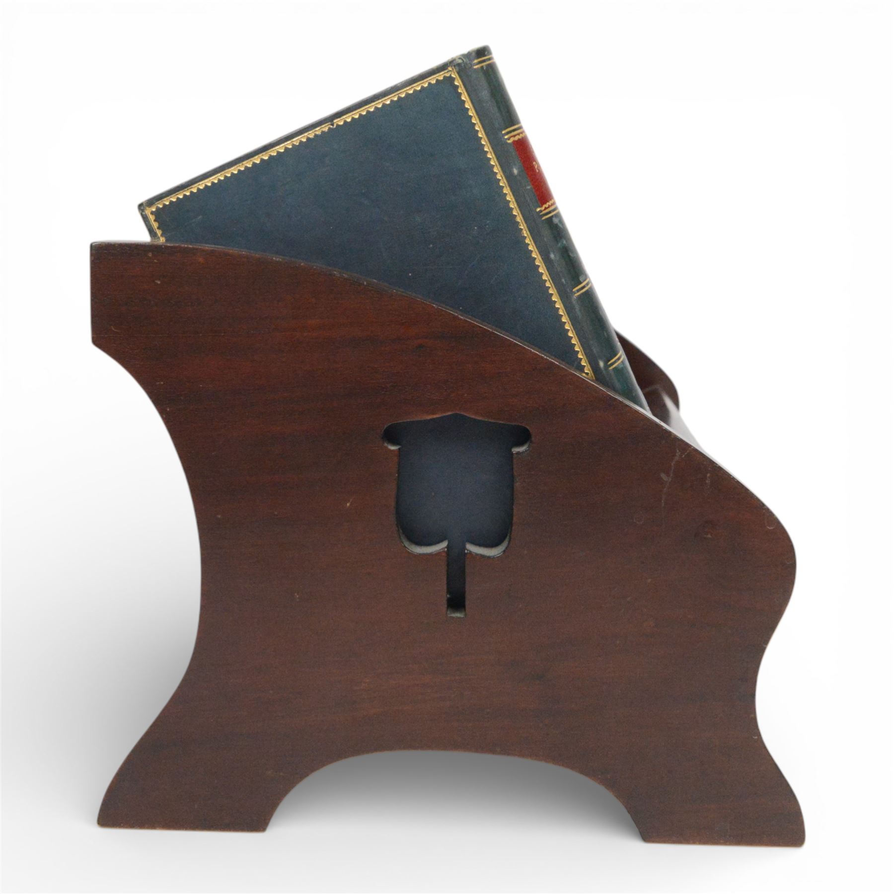 Edwardian book trough, the serpentine ends with boxwood stringing, pierced foliate keyhole shaped detail, and integrated shaped supports, housing Scott, Sir Walter, Poetical Works, Edinburgh, 1868, 12 vols, book trough 18.5cm x 38cm x 22.5cm
