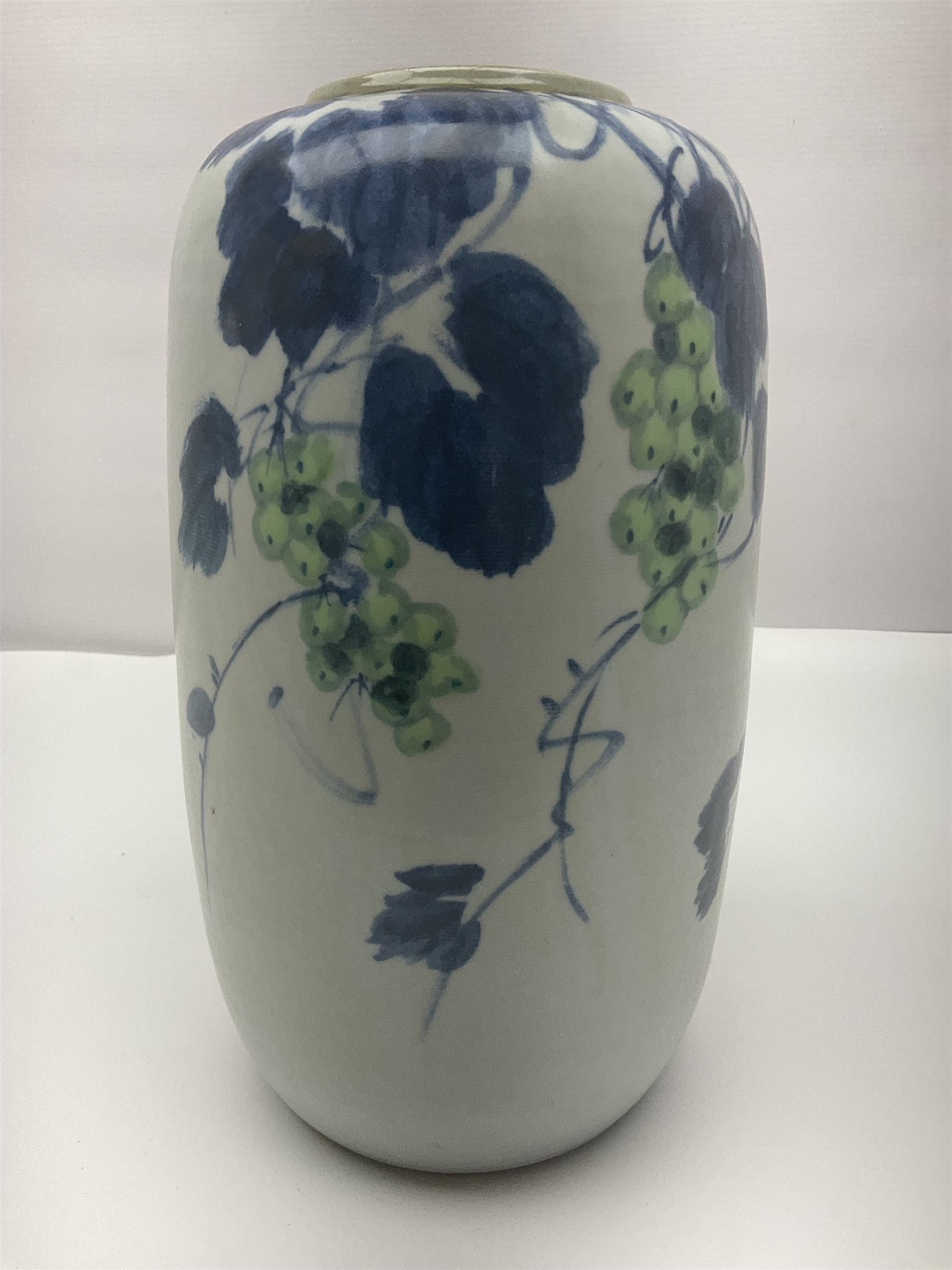 Chinese vase, decorated with vines and grapes and signed beneath, together with Chinese tea set of hexagonal form, comprising teapot and stand and six cups, vase H30cm