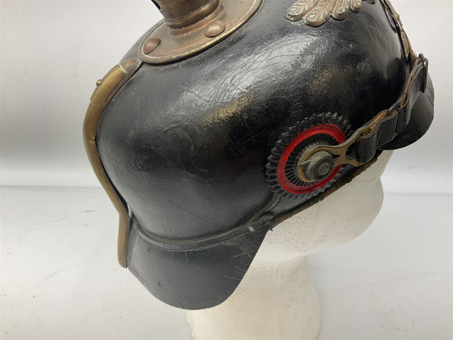 WW1 German leather Pickelhaube helmet with brass plate for Baden regiment, leather strap and leather part only of liner