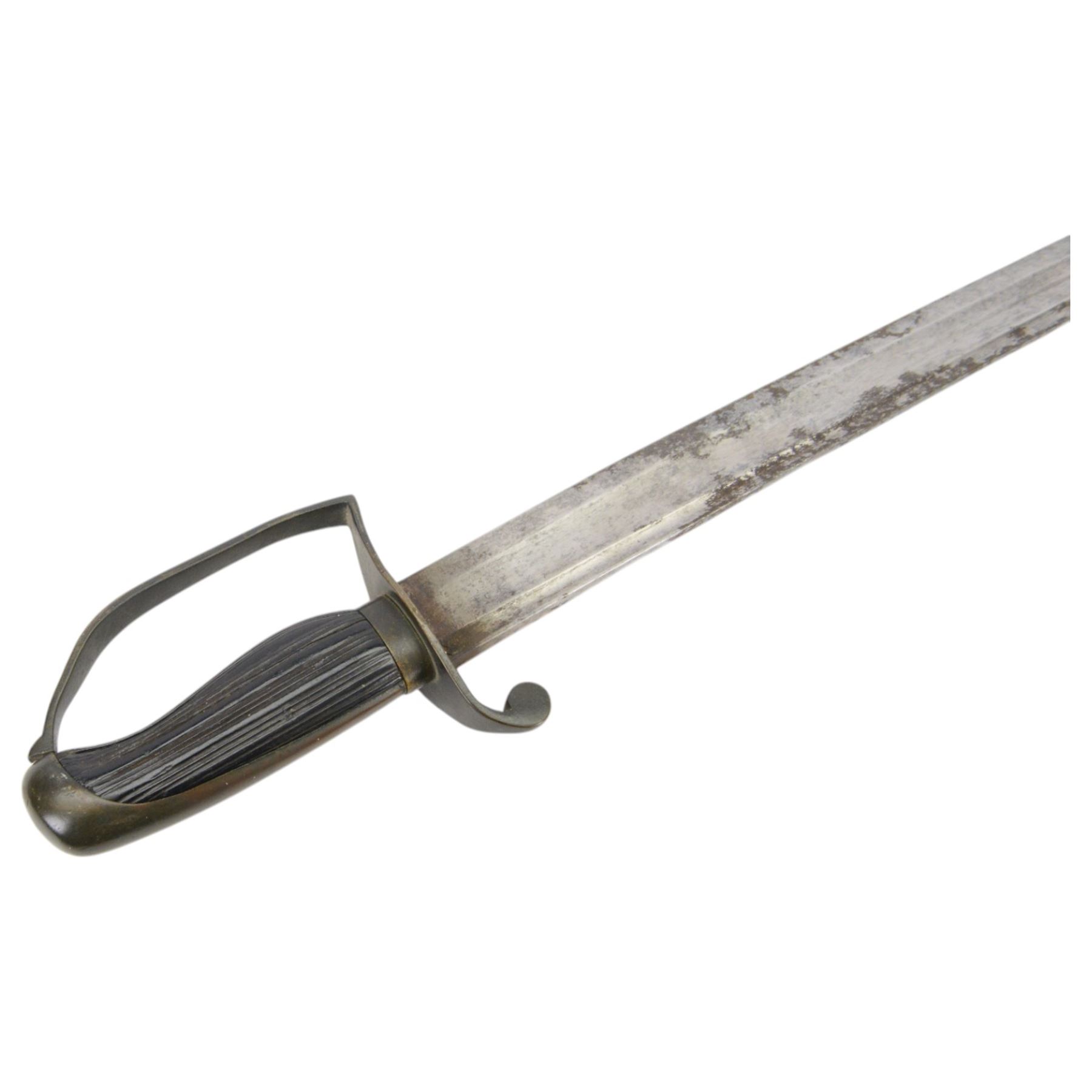 Georgian short sword, with 64cm curved single edge blade, iron guard with side loop and fluted ebony grip, with leather scabbard, L76cm
