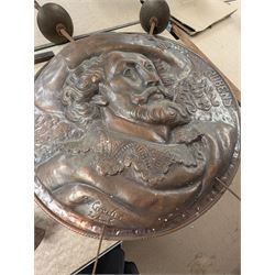 Copper shield and two rapiers, the shield depicting Peter Paul Rubens in relief,  together with a brass Sir Galahad charger, battle axe, mace, replica prop gun, etc
