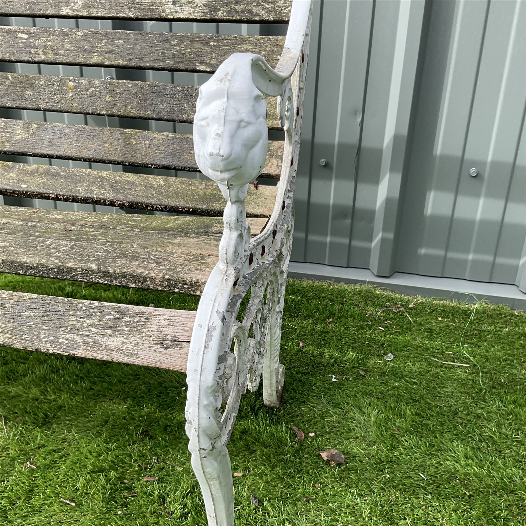 Cast aluminium and wood slatted garden bench painted in white  - THIS LOT IS TO BE COLLECTED BY APPOINTMENT FROM DUGGLEBY STORAGE, GREAT HILL, EASTFIELD, SCARBOROUGH, YO11 3TX