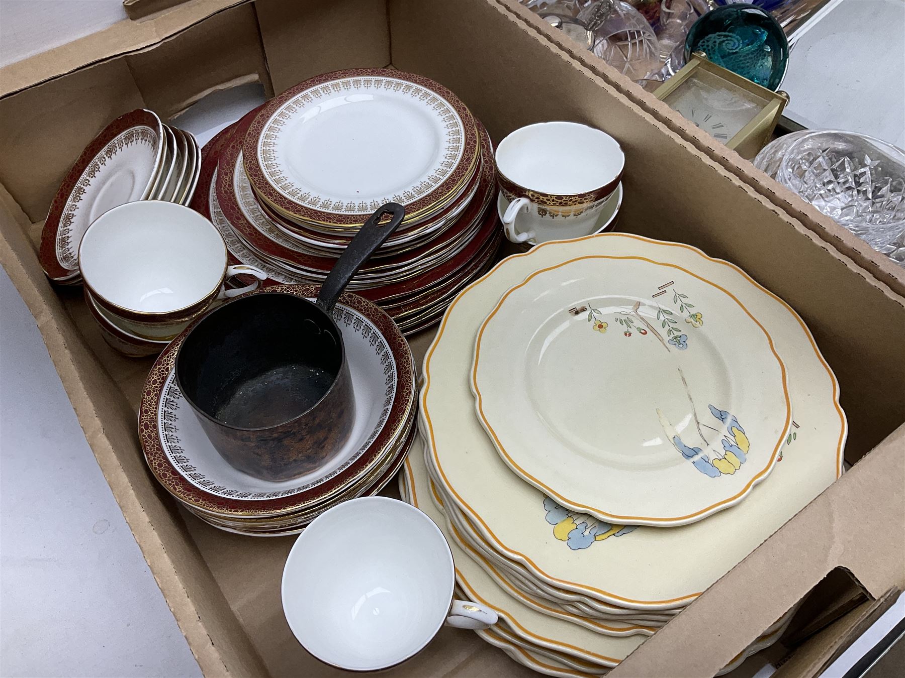 Five Goebel Hummel figures including Trumpet Boy, Max and Moritz and Soloist, Doulton Lambeth miniature tankard, Caithness Paisley Twist paperweight, Duchess Winchester tea and dinner wares and a collection of other ceramics and glassware, etc, in five boxes