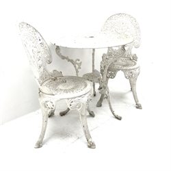 White painted wrought metal garden table (D69cm, H69cm) and two ornate chairs (W45cm)