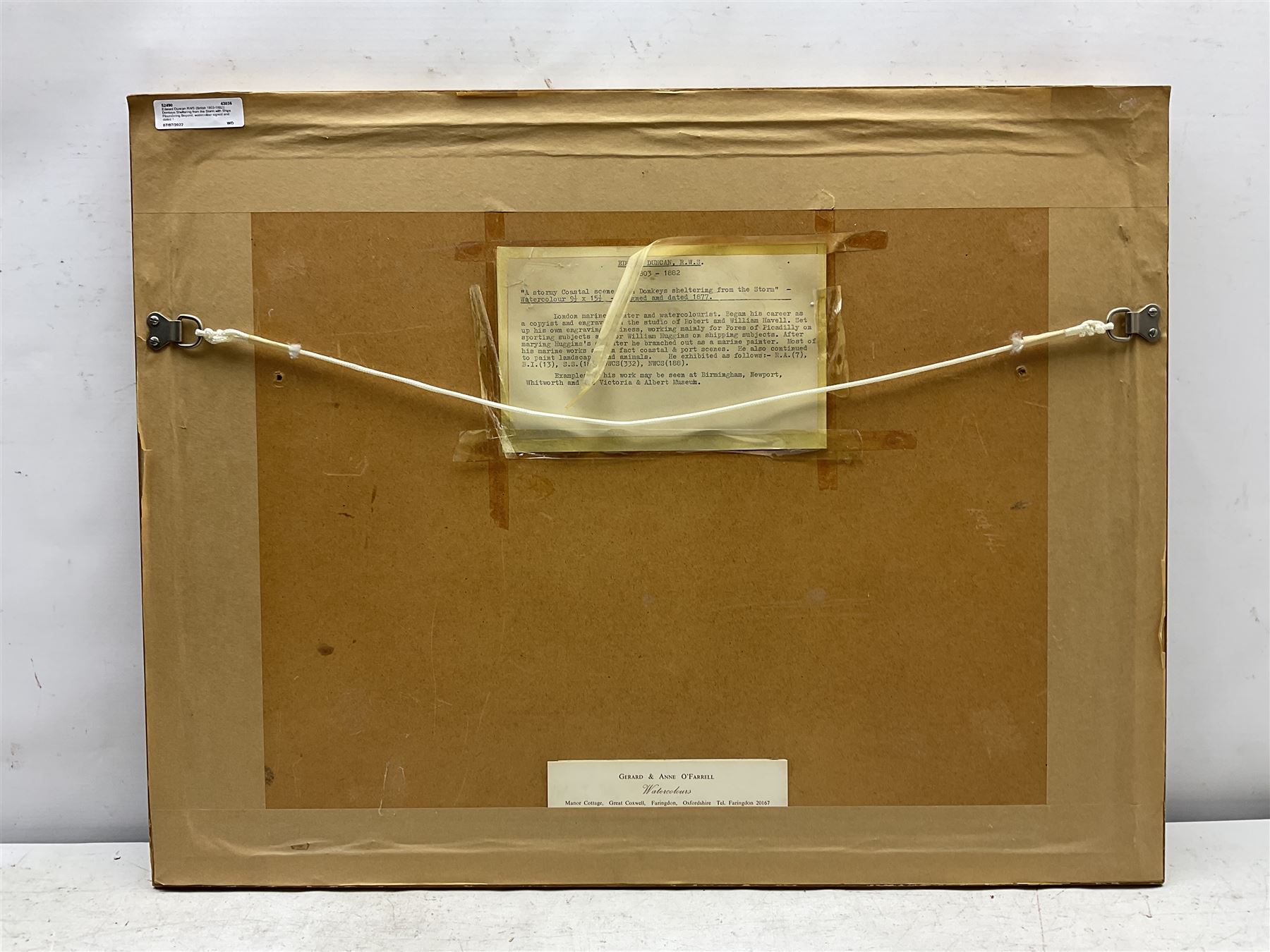 Edward Duncan RWS (British 1803-1882): Donkeys Sheltering from the Storm with Ships Floundering Beyond, watercolour signed and dated 1877, 24cm x 39cm
Provenance: dec'd estate purchased Gerard & Anne O'Farrell Watercolours, Faringdon, Oxfordshire, labelled verso 