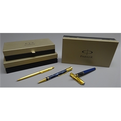  Writing Instruments - Three Parker pens fountain pen with 14ct gold nib, Duofold ballpoint pen and a classic flighter pencil, all boxed  