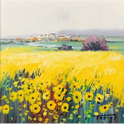 Miguel Torres (Spanish 1948-): Field of Sunflowers and Field of Blue Flowers, two oils on canvas signed 20.5cm x 20.5cm and 12.5cm x 28cm (2)