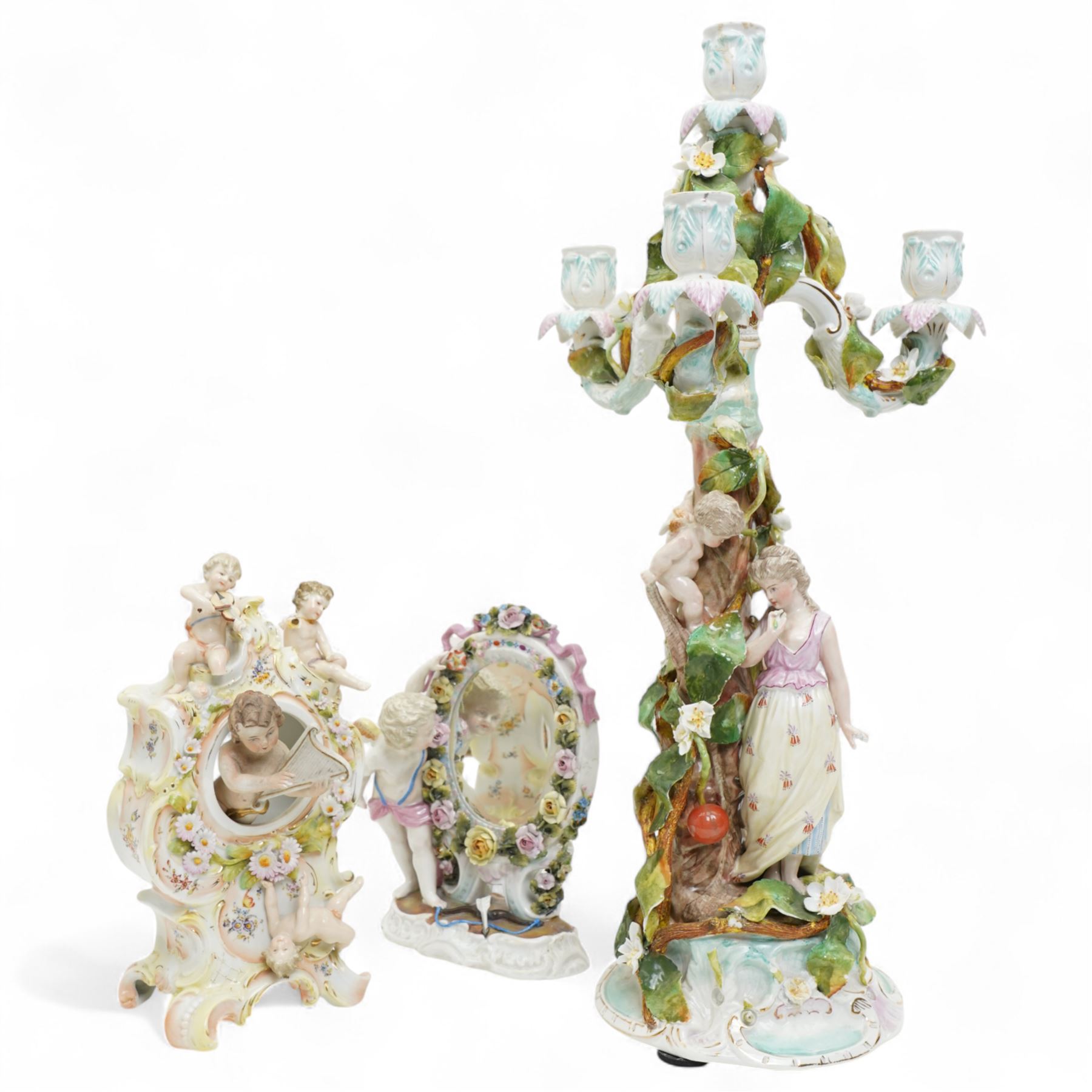 Sitzendorf four branch candelabrum, the column formed as a tree with figures H53cm and Sitzendorf mirror, H22cm; together with a similar mantle ornament 