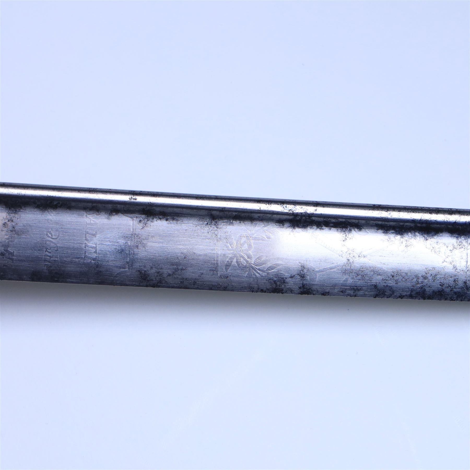 British William IV 1822 pattern Infantry General sword, retailed by John Salter cutler to Horatio Nelson and Prince Augustus Fredrick, Duke of Sussex, the 73cm curved pipe backed blade etched to both sides, with the royal monogram and the owners coat of arms and initials 'GD, brass gothic guard with original gilding, the cartouche of the crossed baton depicting the crossed baton and sword of a general, shagreen covered grip and triple wire binding, the guard complete with leather lining and gilt sword knot, in leather scabbard with three gilt brass mounts, the top mount bearing the cutlers name and address, with twin suspension rings, overall L89cm  