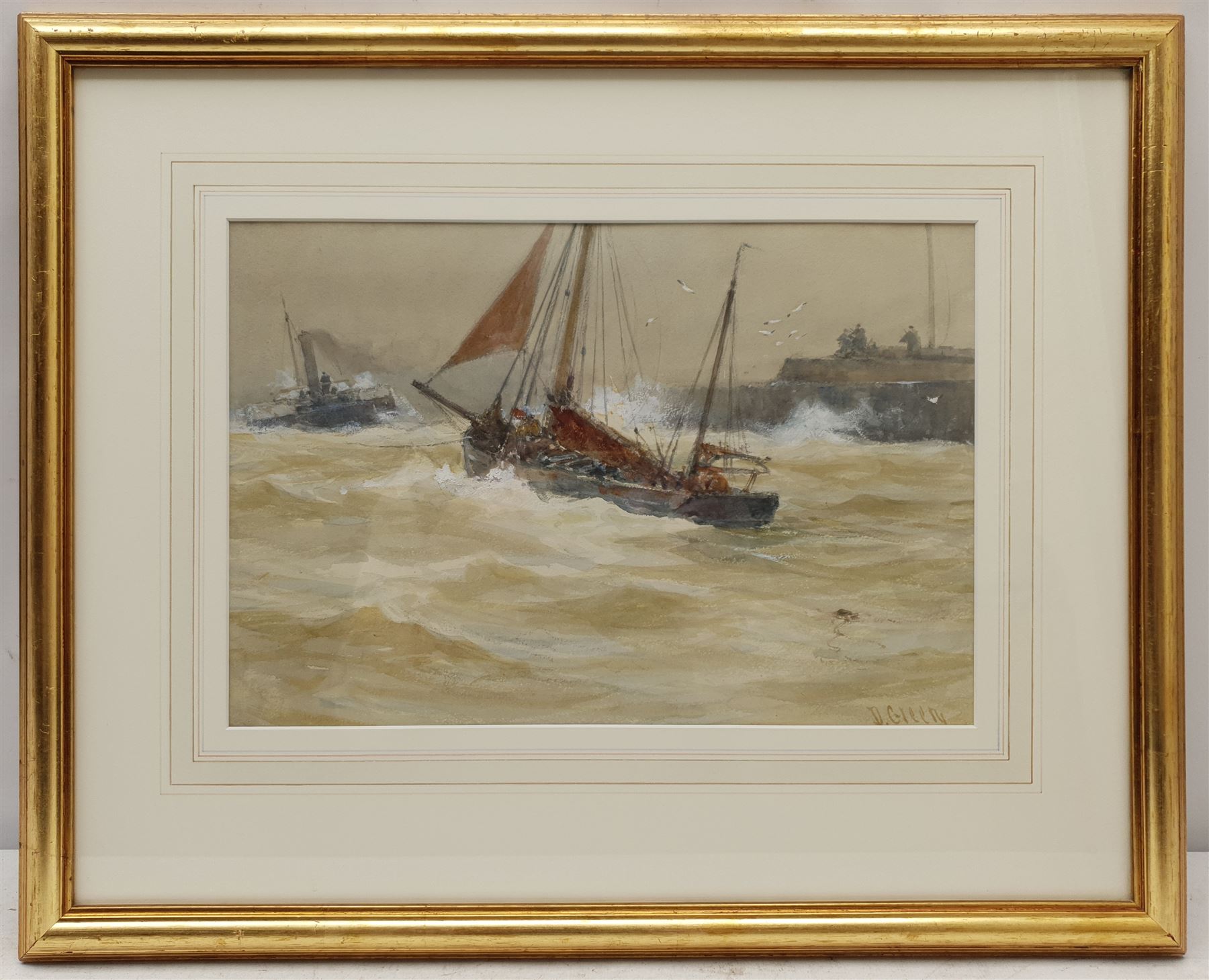David Gould Green (British 1854-1917): 'Towing a Fishing Smack into Harbour', watercolour signed, labelled verso 23cm x 34cm