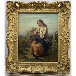 Edward John Cobbett (British 1815-1899): Young Woman Gathering Heather, oil on canvas signed 60cm x 50cm