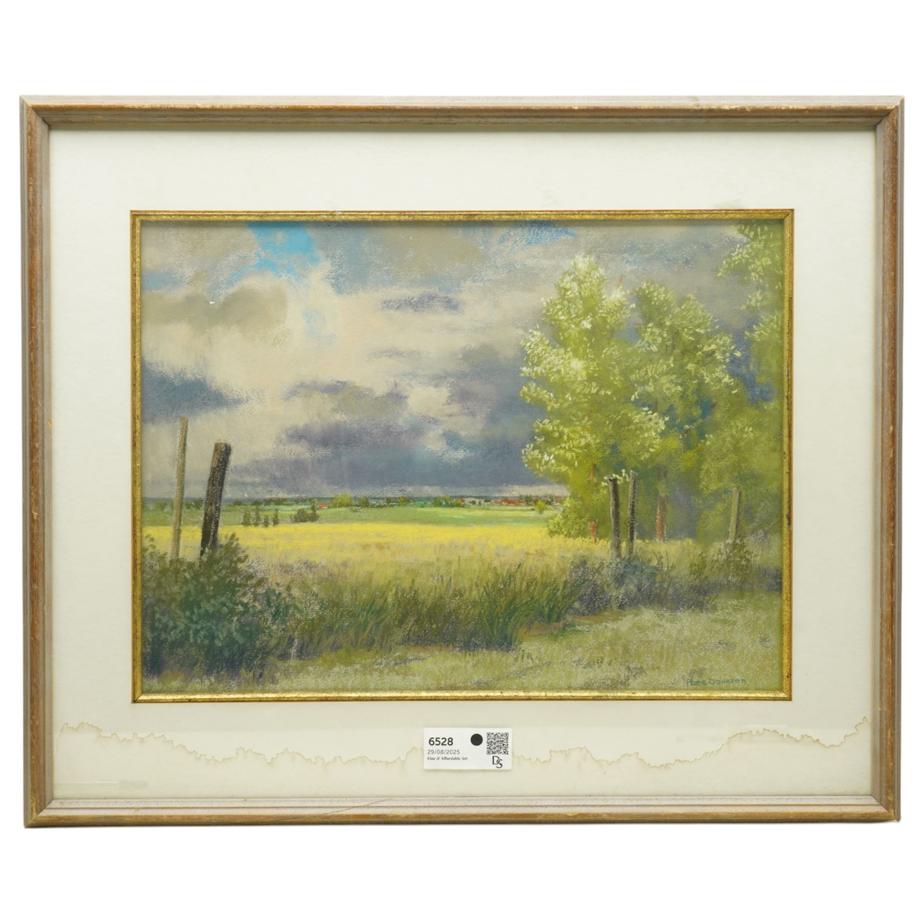 Peter Johnson (British 20th century): Stormy Skies over Pastoral Fields, pastel signed 34cm x 46cm