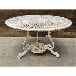 Victorian design cast aluminium circular garden table (D109cm, H72cm) and six armchairs 
