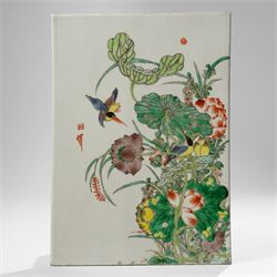 Chinese famille verte painted plaque with kingfishers, 32cm x 23cm 