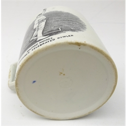  Cricket - Commemorative transfer printed mug for George Herbert Hirst and Wilfred Rhodes, retailed by W. Ellis Moorcroft of Bramley, unmarked, H10.5cm  