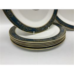 Royal Doulton Carlyle pattern tea and dinner service for six, to include teapot, coffee pot, teacups and saucers, coffee cups and saucers, milk jug, open sucrier, dinner plates, side plates, bowls, soup bowls, to covered dishes etc (64) 