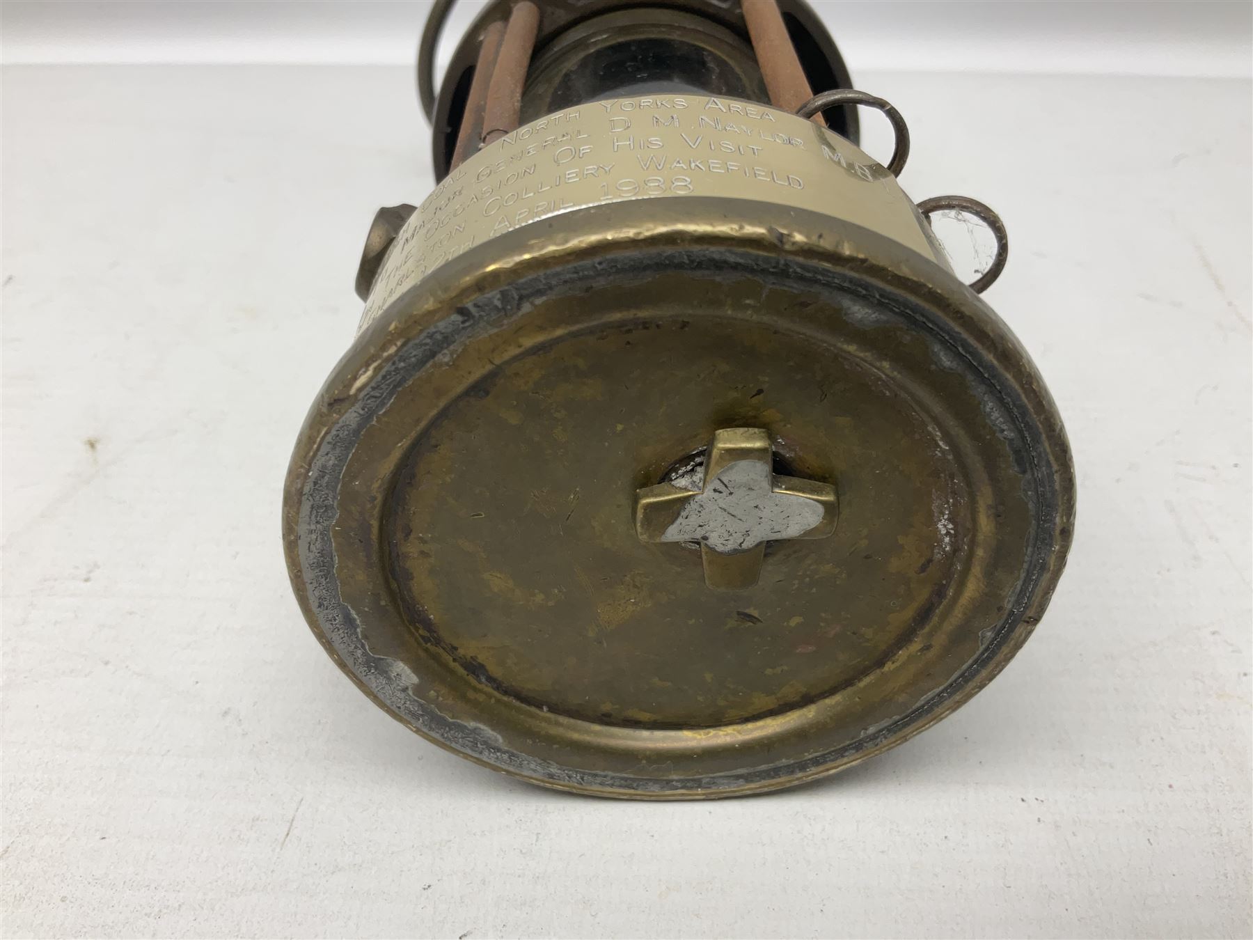 Miners Lamp The Protector, Eccles no 3533, with engraved plaque, H26cm