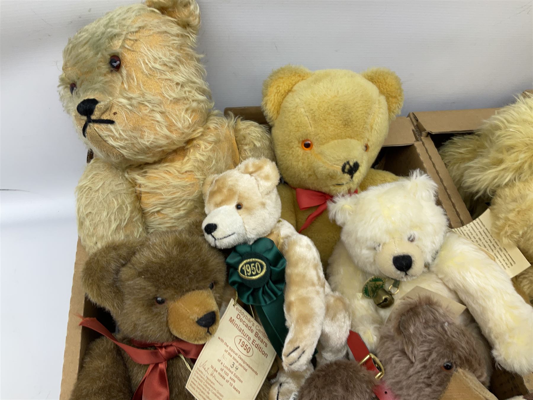 Quantity of teddy bears, predominantly Hermann examples, to include limited edition examples, Little Hilde, Classic Panda Bear, A Handful of Joy, etc, together with Merrythought bear, Martin Germany bears, bear with growler etc in two boxes