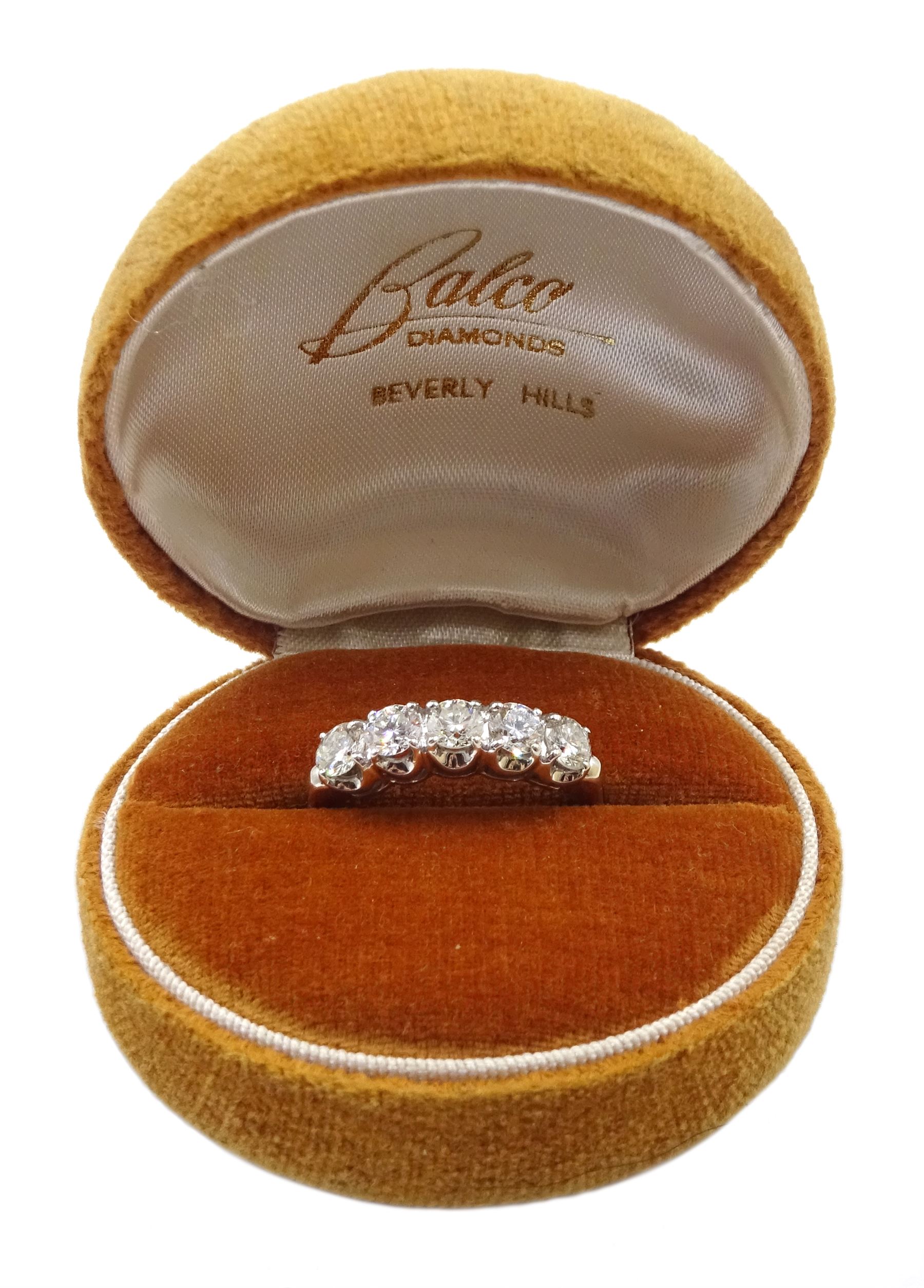 American white gold five stone diamond ring, stamped 14K by Balco Diamonds, Beverly Hills, total diamond weight 1.05 carat, with Ballreich & Co insurance certificate