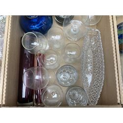 Large collection of glassware to include Schweppes soda syphon, Murano, vases, drinking glasses, coloured glass, cranberry etc in seven boxes