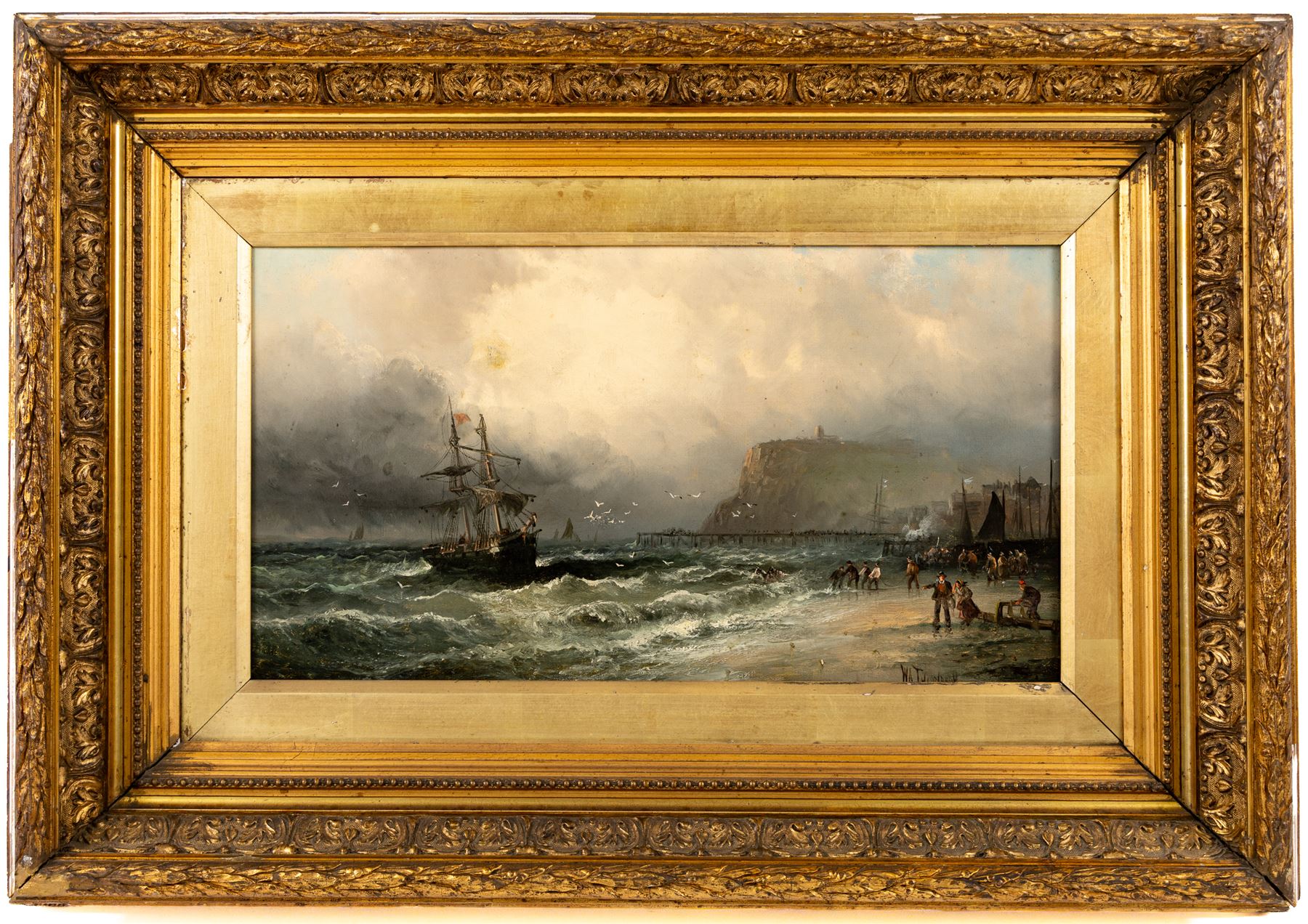 William Anslow Thornley (British fl.1858-1898): 'Rough Weather - North Bay Scarborough', oil on canvas signed with pseudonym WA Thornbery, titled on the stretcher verso 24cm x 44cm