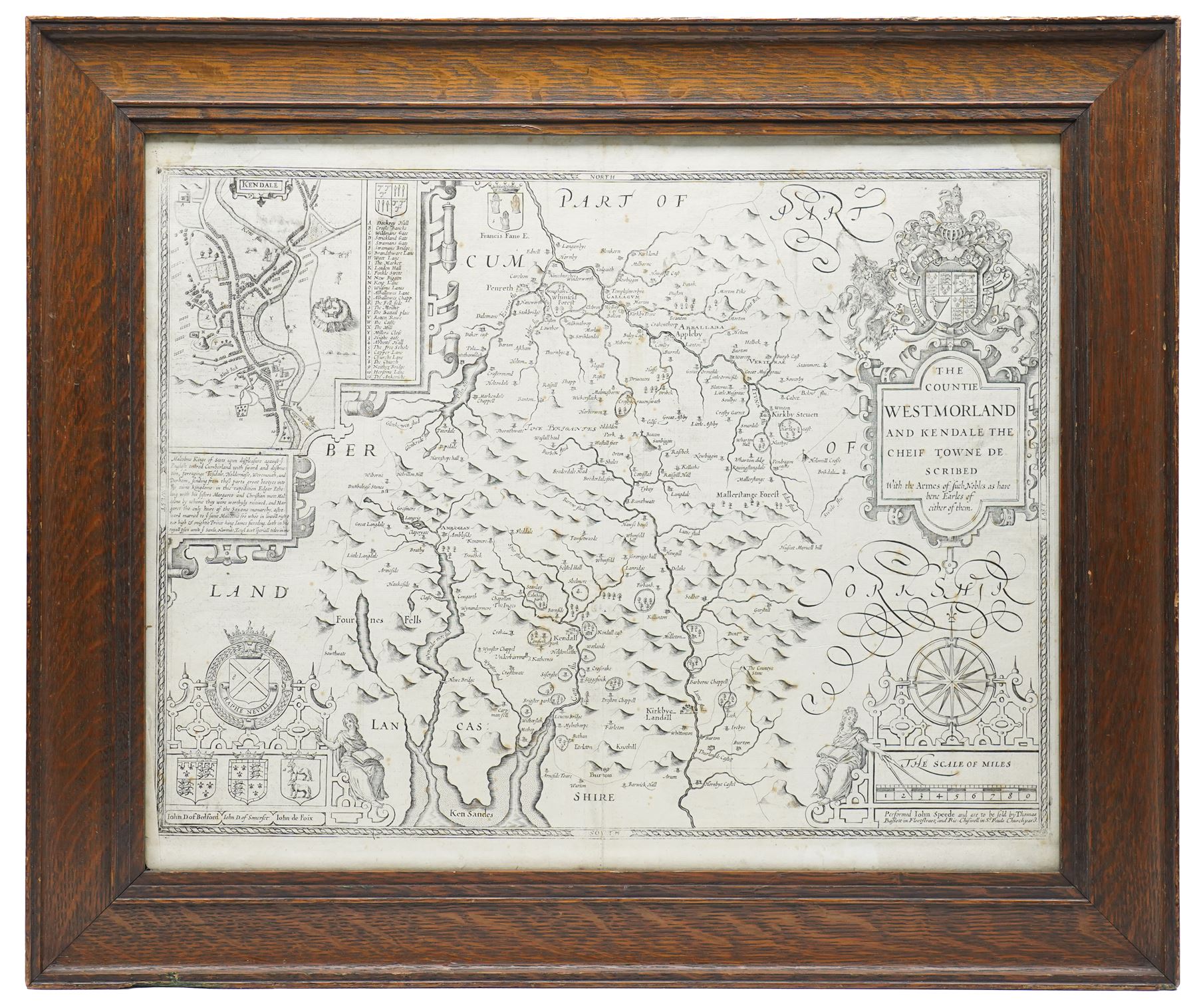 John Speed (British 1552-1629): 'The Countie of Westmorland and Kendale the Cheif Towne Described', 17th century engraved map uncoloured with inset town plan of Kendal and armorials pub. Thomas Bassett & Richard Chiswell  c.1676, with margins, 42cm x 52cm