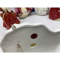 Five Royal Doulton figures, comprising Flower of Love HN3970, Emily HN3688, Southern Belle HN2229, Helen HN3886 and My Love HN2339, all with printed mark beneath, some with boxes, together with a Royal Doulton Figures reference book by D Eyles and R Dennis