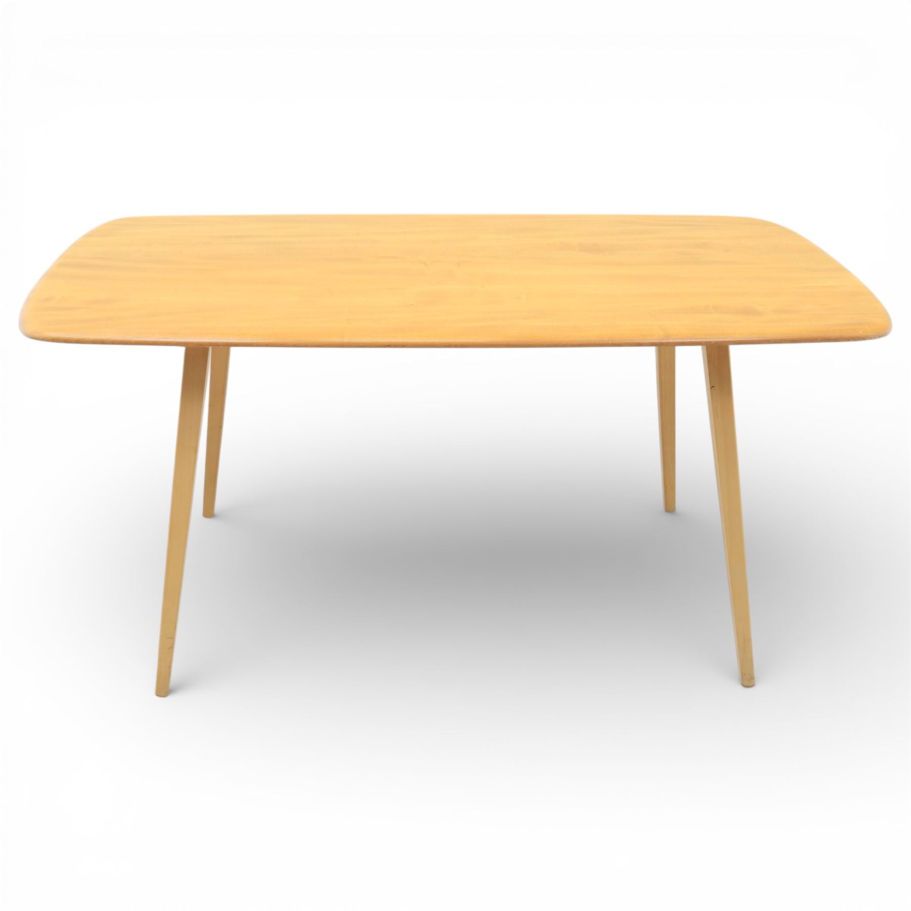 Ercol - elm dining table, rectangular plank top with rounded corners and moulded edge, raised on four tapering beech supports
