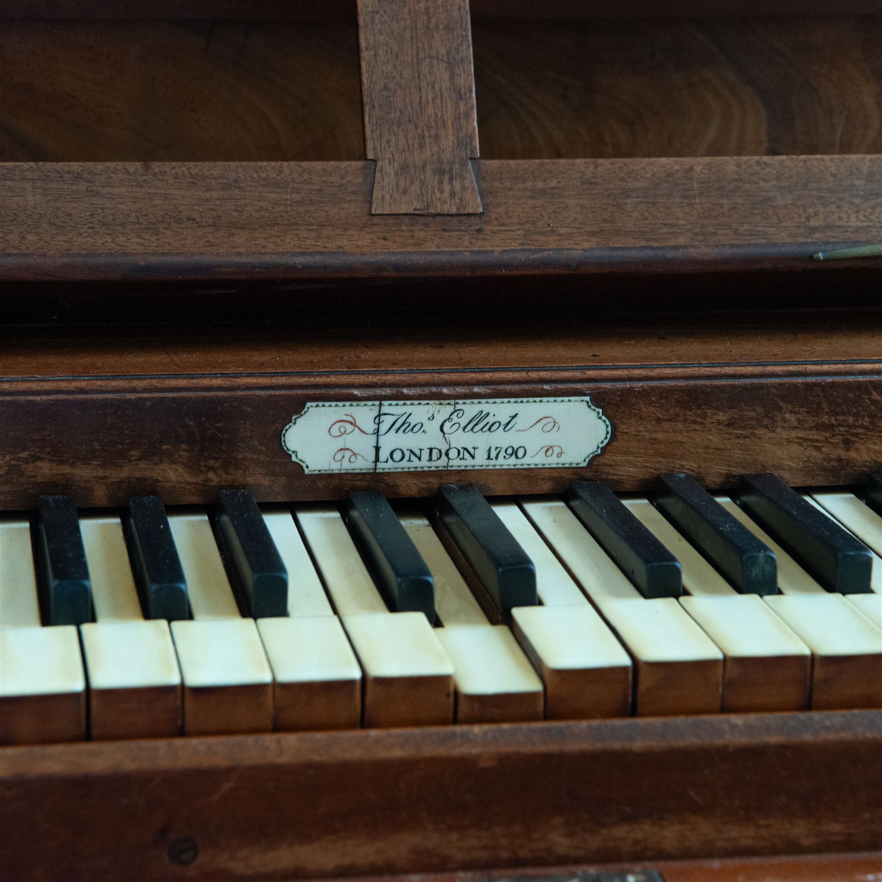 Late 18th century Chamber Organ by Thomas Elliot of London 1790.
Single manual organ, four octave keyboard with 54 keys C-f3, A=448, with Ivory naturals and ebonized sharps, makers’ name engraved on an ivory cartouche, detachable key cover, and music desk (in need of attention). With four speaking stops. Stopped Diapason, Open diapason, Principal and Fifteenth. Crank/pedal operated single rise bellows also provided with an electric blower. Original case with display pipes and candle sconces (one damaged). All pipework present: however there are some damaged pipes, cyphers, and several pipes require re-location in the soundboard, the instrument plays, but some parts of the action and blower will require attention/repair and adjustment.

Given the intricate nature of these historic instruments, specialist support will be available if required – including a professional organ builder prepared to undertake full dismantling and reassembly – to assist successful buyers with safe removal and onward handling. Price upon application.


This item has been registered for sale under section 10 of the APHA Ivory Act Reference EH8B3YPL