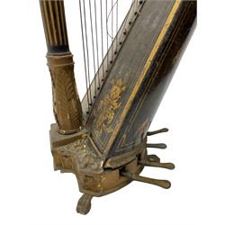 J. Erat. Wardour Street, London, Soho - Regency parcel-gilt and rosewood finish pedal harp, forty-three strings and five swell doors, the fluted pillar decorated with rams head capital, floral festoons, anthemion motifs and sarcophagi, the base decorated with pharaonic motifs and fitted with eight brass pedals, on carved paw feet, brass signature plate to top inscribed 'J. Erat. Wardour Street, London, Soho, 606'