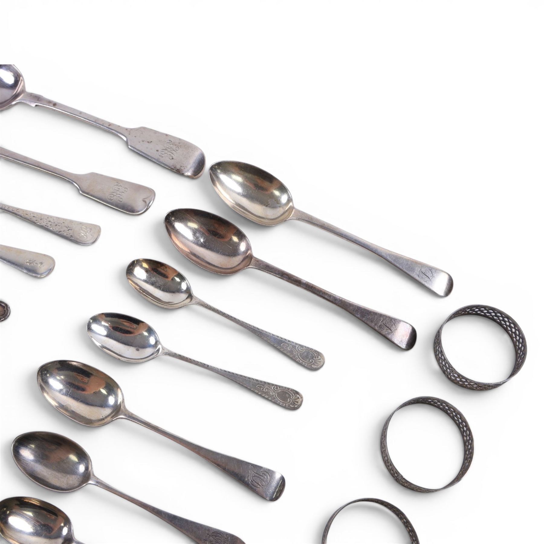 Collection of Victorian and later silver flatware, all hallmarked and four silver wirework napkin rings 