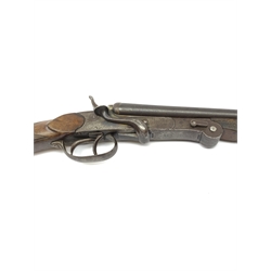 Belgian .410 side-by-side double barrel hammer shot gun with side lever operated folding 70cm barrels and walnut skeleton stock, No.498, L109cm overall SHOTGUN CERTIFICATE REQUIRED