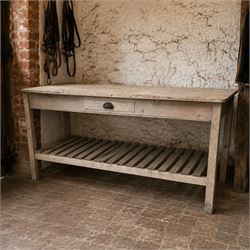 Large 19th century painted pitch pine scullery table, rectangular triple plank top fitted ...