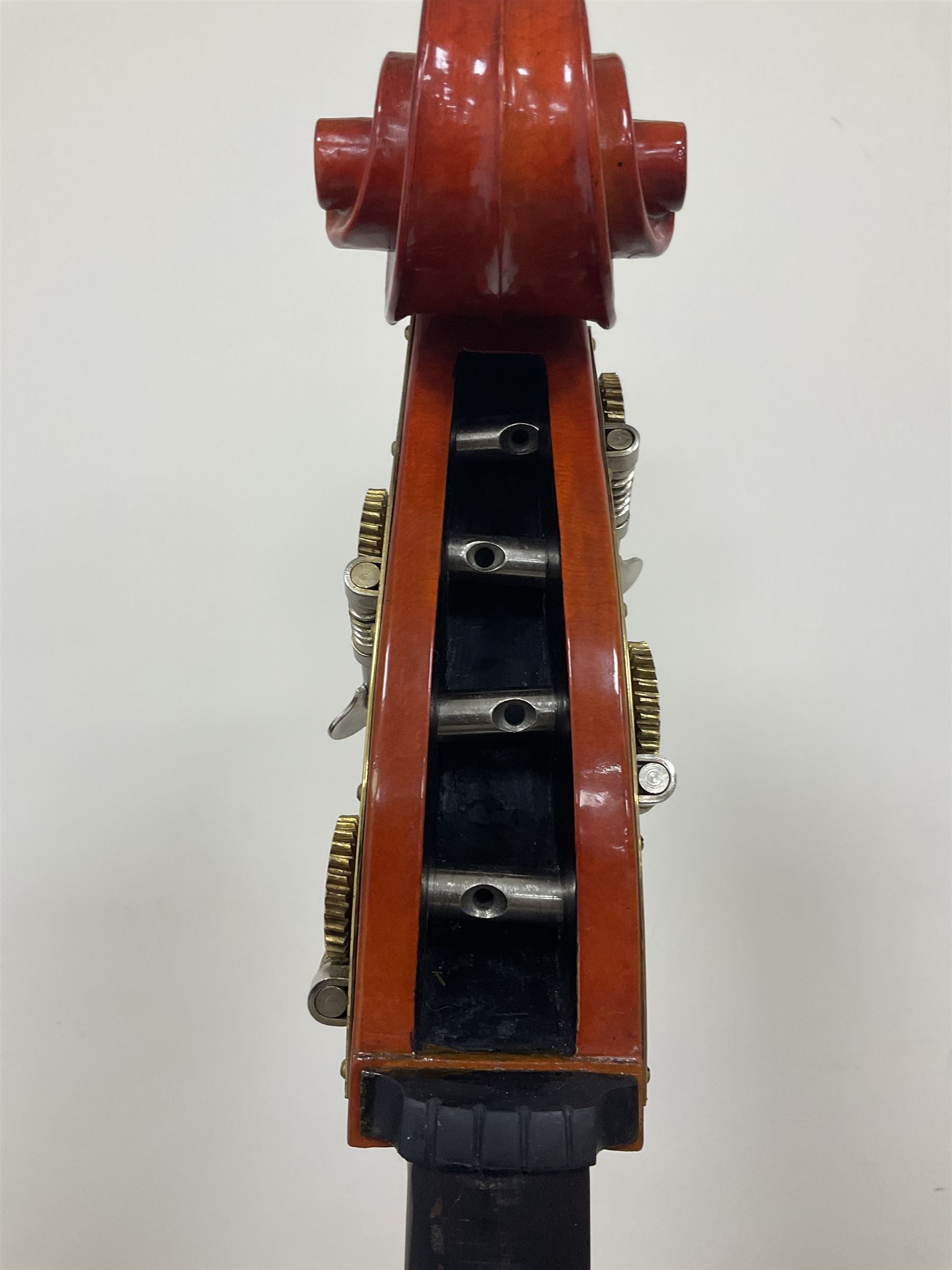 Contemporary 3/4 Double Bass, Body height bottom to shoulder 110cm, With steel tuning pins and ebonised fingerboard, no strings, bridge, tail piece, or endpin Although called a 3/4 size bass, this size is recognised as a regular sized Double Bass 
