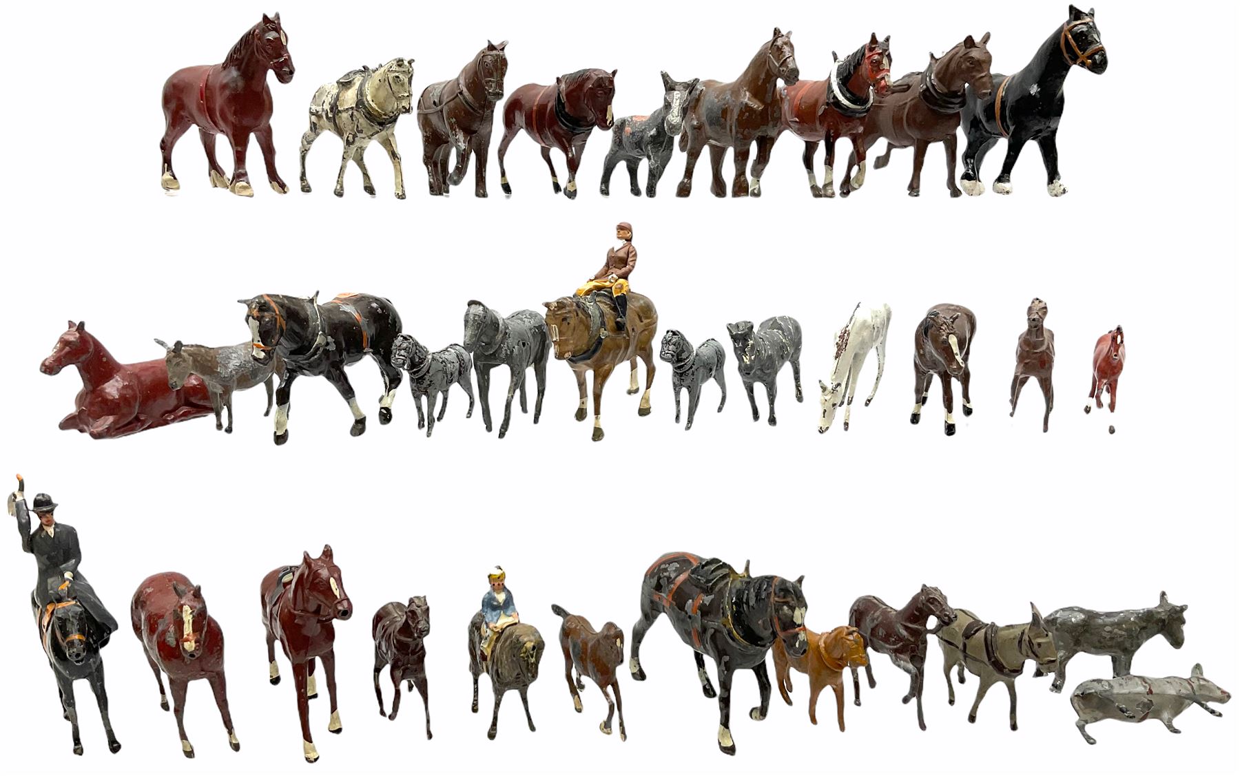 Lead figures by F.G. Taylor, Britains, Johilco, Crescent, Stoddart etc comprising twenty-six horses including three with riders and seven donkeys/ponies; various scales (33)