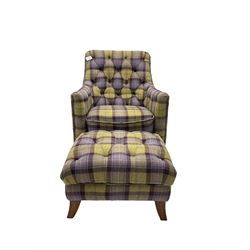 Rogers of York - traditional shaped armchair, upholstered in buttoned purple tartan fabric with studwork (W82cm D86cm H96cm); and matching footstool