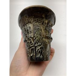 Chinese ox horn libation cup, carved with figures and pine trees, H9cm