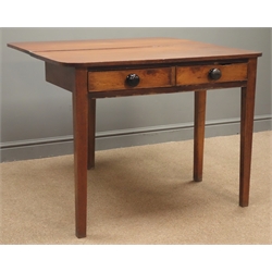  19th century mahogany folding tea table with two drawers and square tapering legs, W98cm, H77cm, D96cm  